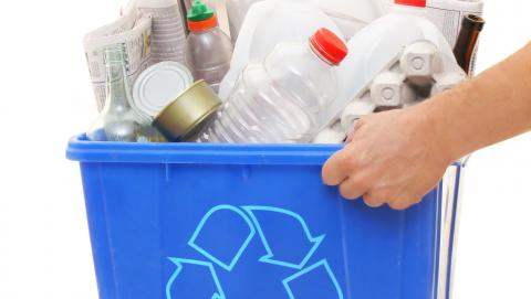 image of a blue box full of recyclables