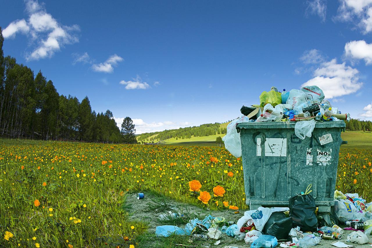 Image of an overfilling trash bin in an open field 