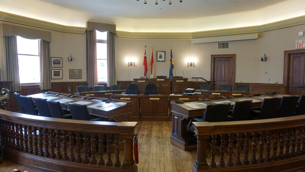 Stratford City Hall Council Chambers, photo by JFVoll, CC BY-SA 3.0.