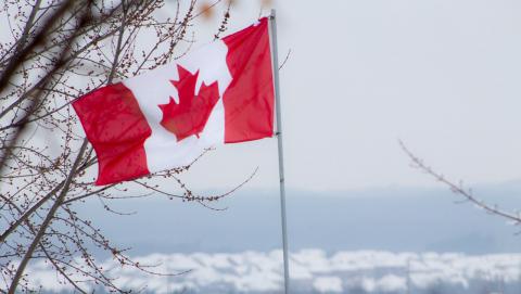 Image of a Canadian Flag with mountains in background