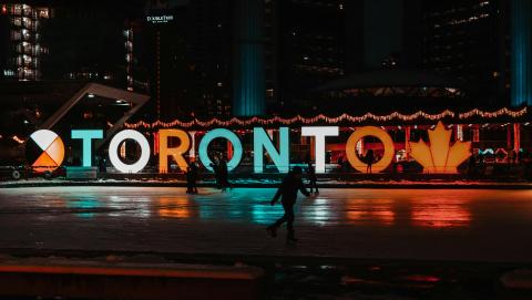Image of Toronto City Hall skating rink at night 