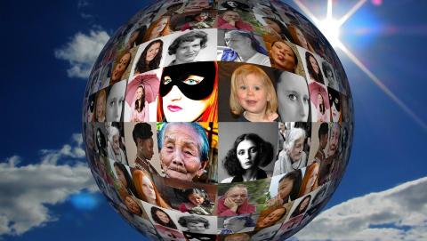 image of people's photographs on a globe